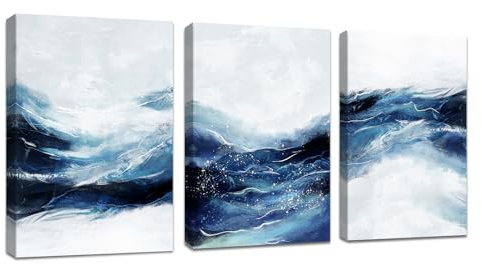 FajerminArt 3Pcs Dark Blue Modern Living Room Painting Framed Abstract Blue White Canvas Wall Art Pictures Printing Canvas Artwork Wall Decor for Bedroom Bathroom Office Ready to Hang 30x40cmx3 Pcs