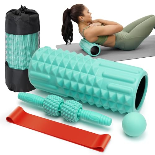 5 in 1 Foam Roller Set - Back Roller Foam, Massage Roller Stick, Massage Ball, Resistance Band for Physical Therapy & Deep Tissue Muscle Massage (Green)