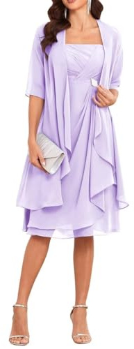 Robes de mère de la mariée avec veste 2 pièces manches mi-longues longueur genou en mousseline de soie robe de mère du marié, lilas, 48 Grande taille