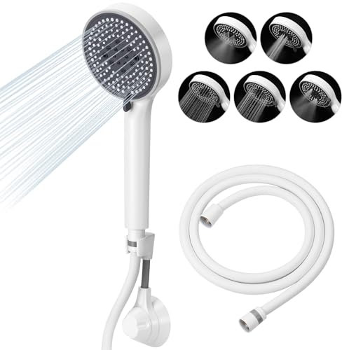 Lonian 5 Sprühmodi, Hochdruck-Handbrausekopf-Set, hoher Durchfluss, Handbrause mit 1,5 m Schlauch, verstellbarer Halterung, Klebeband, Gummi-Unterlegscheiben (weiß)