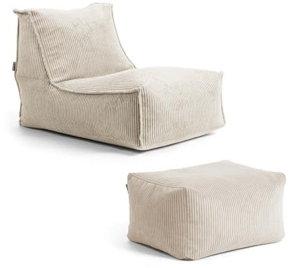mokebo Sitzsack mit Hocker aus Cord 'Der Gelassene', Bean Bag, Relaxliege oder Bodenkissen mit EPS-Perlen Füllung, kuschelige und gemütliche Liege für Wohnzimmer und Wintergarten in Beige