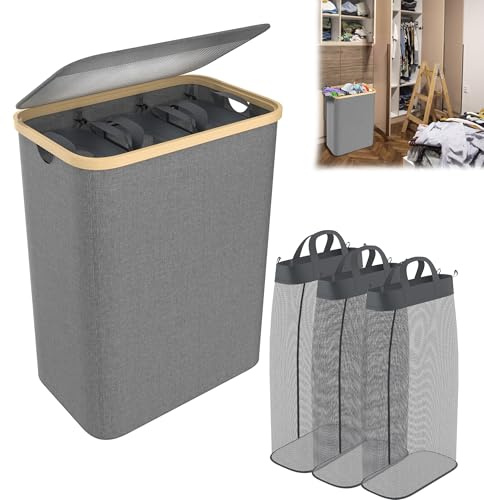 YRHome Wäschekorb mit Deckel 140L 3 Fächer Wäschesack Wäscheboxen Wäschetonne Wäschesortierer Wäschetruhe Waschekorbsammler mit Griffen Laundry Baskets Wäscheschrank für Schlafzimmer - Grau