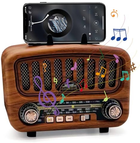 Radio retro con Bluetooth, radio retro AM/FM/SW con Bluetooth 5.0, radio nostalgia pequeña con batería de 1800 mAh, compatible con USB/TF/AUX, función, radio de cocina con altavoz grande de 5 W