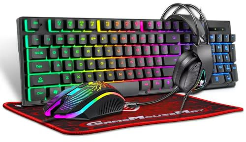 Gaming Keyboard and Mouse Set and Mouse pad and Gaming Headset, 4 in 1 Bundle Wired LED Rainbow Backlight for Laptop, PC Gamers, Xbox, PS4 and Work-Black