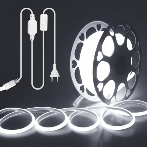 ALITOVE Kaltweiß COB LED Streifen 20m 230V Direktanschluss mit Schalter | 6000K, LED Band Aussenbereich Wasserdicht, COB 288LEDs/m, Ideal für Garten Terrasse Bad, Nicht Dimmbar, Nicht Selbstklebend