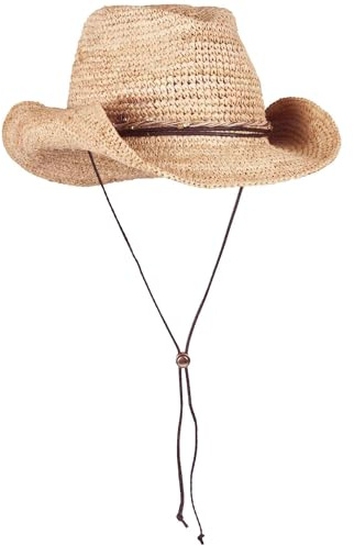 LOEVENICH formbarer Raffia Damen Cowboy Hut mit Kinnband aus veganem Leder in One Size White Pepper