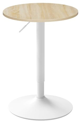 WOLTU Table de Bar Ronde, Table Haute avec Plateau Pivotant à 360° et Base en Acier, Hauteur Réglable de 70 à 91 cm, Chêne Clair + Blanc