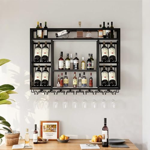 Portabottiglie Da Parete Con Porta Calici, Porta Bottiglie Di Vino Da Parete, Supporto In Vetro, Scaffale Per Vino Da Parete, Porta Vino Da Parete In Ferro, Mobile Bar Per Casa Cucina(Black,100cm/39.4