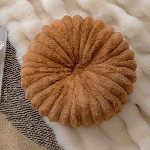 vctops Round Throw Pillow Soft Faux Fur Decorative Pillow Small Pumpkin Throw Pillow Cushion for Living Room Sofa Bed (Coffee,13.7 Diameter)