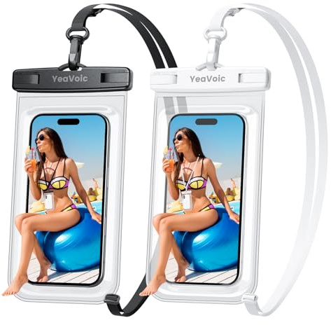 YeaVoic Funda Impermeable Móvil IPX8 hasta 7 Universal, 2 Unidades Bolsa Acuática con Cuerda Ajustable para iPhone 17 16 15 14 13 12 Plus Pro Max Xiaomi Redmi Samsung Galaxy Sony Google, Negro/Blanco