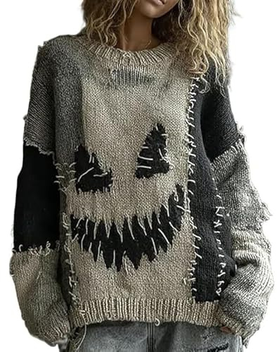 Kvinnors retro läskigt ansikte tryck långärmad stickad tröja höst halloween sweatshirt skräck V-ringad nyhet vardaglig mysig rolig topp, Grå, L