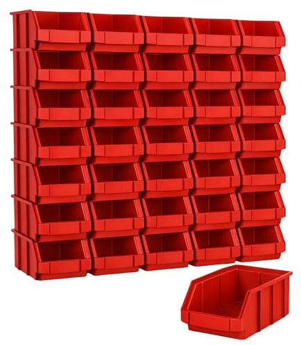 RODOPI 36er Set Stapelboxen, Größe S | Sichtlagerkästen 161x105x75mm | Robuste Lagerboxen für Werkstatt, Garage, Keller | Aufbewahrungsboxen für Kleinteile Rot