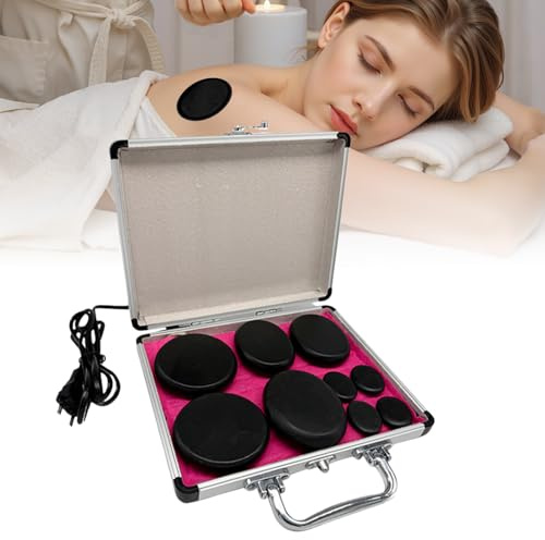 Hot Stone - Juego de 9 piedras de masaje calientes de basalto, calentadores de piedras de masaje en maletín de calefacción, calentadores de piedras calientes para relajación de spa y bienestar