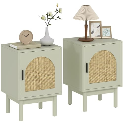 HOMCOM Lot de 2 Tables de Chevet, Table de Nuit avec Porte en résine tressée, étagère réglable et Pieds en Bois Massif, Style Boho, Bout de canapé pour Chambre à Coucher, Salon, 40 x 35 x 58 cm, Vert