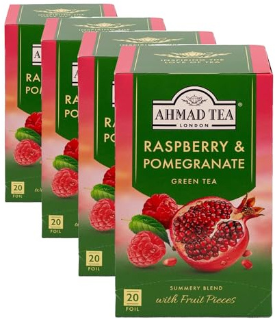 Ahmad Tea Raspberry Pomegranate | Te verde de frambuesa y granada | 20 bolsitas de te | 1 paquete (Paquete de 4)