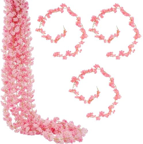 QhgPnt Cherry Blossom Lights, Pink Garland, Flower Wall Decor, Fake Flowers, Fake Vines, Artificial Flowers for Bedroom Aesthetic, 3-Piece Set