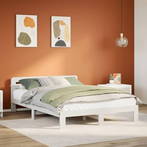 kithwjll Massivholzbett ohne Matratze Weiß, 140x200 cm Bettgestell aus massivem Kiefernholz, mit Lattenrost, Stauraum und Kopfteil für Schlafzimmer