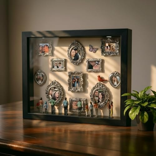 Smile lab 3D Bilderrahmen Personalisiert mit Fotos „Museum of Us“ -Ihre Fotogalerie Schattenbox mit Vintage Mini Bilderrahmen & Figuren, Personalisierte Fotogeschenke zum Valentinstag für ihn & sie