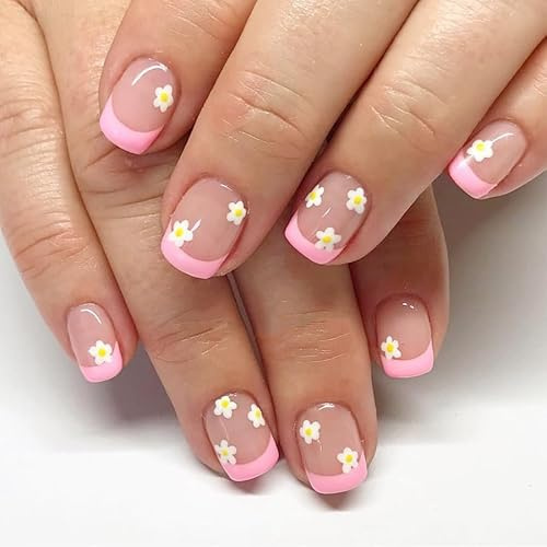 Pink French Tip Press Nails Short Square False Nails Yellow Daisy Flowers French Tip Design Cute Floral Artificial Nails for Women Girls Nail Art Decoration 24pcs
