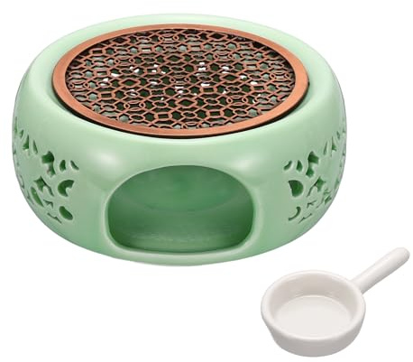 sourcing map Teapot Warmer, Ceramic Tea Warmer Ceramic Teapot Heater with Alloy Pad Tealight Holder for Heating Coffee Milk Water Heatproof Dish Warming Use, Plum Green Ocean Flower Design