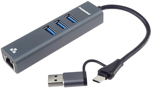 PREMIUMCORD Adaptador USB 2in1 a Gigabit RJ45 + 3X USB A, Ethernet RJ45 10/100/1000 Mbps, SuperSpeed 3.2 Gen1 5 Gbit/s, para PC, Portátiles, Teclados, Ratones, SSD, Carcasa Metálica, 15 cm