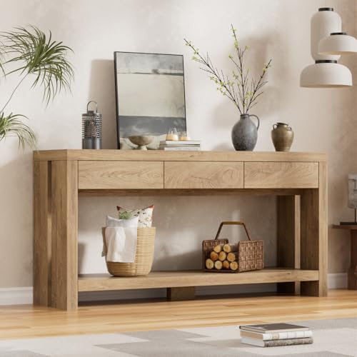 MSFE Tavolo Consolle da Corridoio con 3 Cassetti Consolle Rettangolare a 2 Livelli Console da Ingresso con Portaoggetti Tavolino Consolle in Legno per Salotto, Corridoi, Entrata 140 x 29.5 x 82.5CM