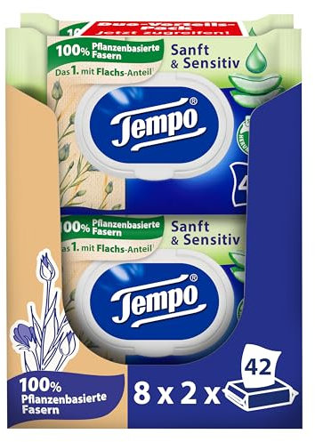 Tempo Feuchte Toilettentücher ''Sanft & Sensitiv'' - Megapack - 16 Packungen mit je 42 Tüchern - Duo Packs - natürliche Aloe Vera - Toilettenpapier, dermatologisch getestet, pH-hautneutral