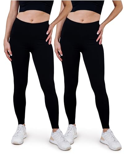 SES blickdichte Leggings Damen Baumwolle 2er Pack - Größen 32-34 bis 56-58 | Baumwoll Leggings Damen lang mit perfekter Passform und weichem Bund - elastisch und vielseitig kombinierbar für jeden Look