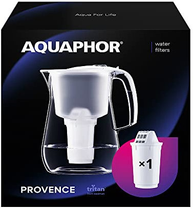 AQUAPHOR Jarra de Filtro de Agua Provence Blanco para Encimera, Capacidad de 4.2L, 1 X A5 Filtro A5 incluido, Reduce Cal, Cloro y Microplásticos, Ideal para Familias, con Efecto de Vidrio