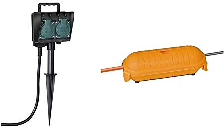 Brennenstuhl Gartensteckdose, Außensteckdose 2-fach mit Erdspieß, witterungsbeständiger Kunststoff + Safe-Box BIG IP44 / Schutzbox für Verlängerungskabel