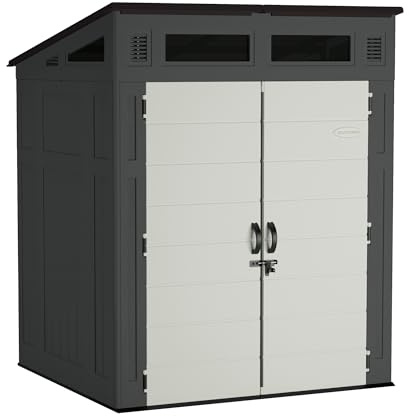 Suncast 6x5 Ft. Modernist Garden Shed, 200 Cu Ft Peppercorn Resin Shed with Floor, Lockable Doors, & Windows. Weatherproof Modern Resin Sheds & Outdoor Storage for Tools, Bikes, Lawn Mowers, & More