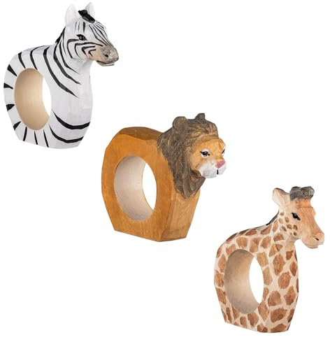 your castle Juego de 3 Servilleteros, Mundo Animal de África: León, Cebra y Jirafa. Tallados y Pintados a Mano en Madera, Aprox. 9 x 7 x 2 cm