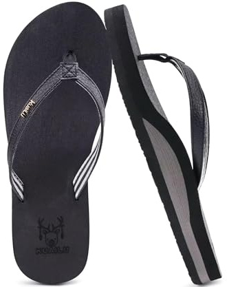KuaiLu Womens Arch Support Flip Flops Comfortable Yoga Mat Slip on Leather Walking Thong Cushion Sandals Summer Beach Orthotic Slides Travel Essentials Indoor Outdoor Slippers Shoes Black Size 9