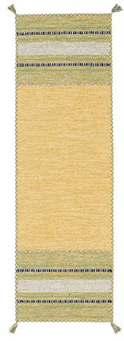 carpetfine Flachgewebeteppich Kelim Azizi Läufer Gelb 80x300 cm | Moderner Teppich für Wohn- und Schlafzimmer