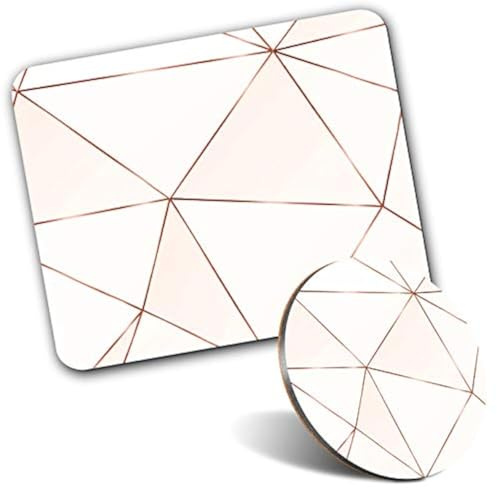Rectangle Mouse Mat & Round Coaster Set - Pink Copper Metallic Effect Art Deco 20 cm & 9 cm for Computer & Laptop, Office, Gift, Non-slip Base #21392