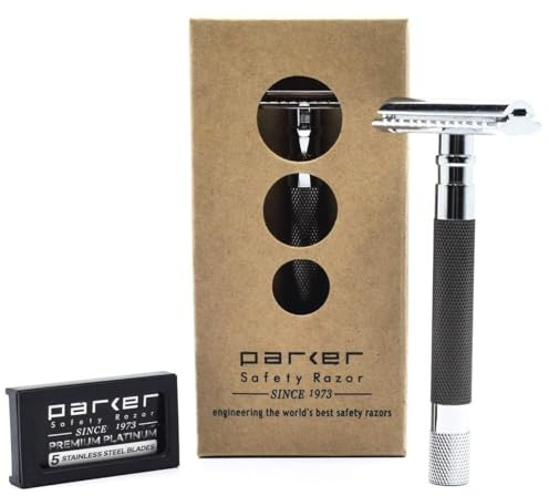 Parker Safety Razor 56R Heavyweight Double Edge Eco-Friendly Safety Razor mit 5 Parker Premium Platinum Edelstahl-Rasierklingen – Rasierer mit geschlossenem Kamm (Graphit)
