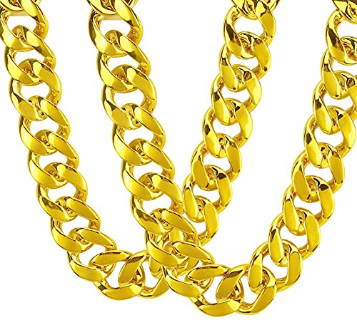 Riuziyi 2 Pack Big Chunky Plastic Hip Hop Chain for Men, Fake Gold Turnover Chain Silver Chain 90s Necklace Costume Accessory (Gold, 32in&36in)