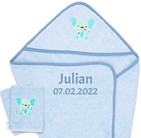 Babykajo Baby Handtuch personalisiert mit Namen und Geburtsdatum Oeko Tex Zertifiziert – Kapuzenhandtuch 80x80cm + 2 Baby Waschlappen aus 100% Baumwolle – Babygeschenke zur Geburt Junge und Mädchen.
