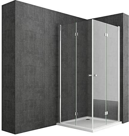 Durovin Bathrooms 800 x 700mm (WXD) Rectangular Frameless Shower Cubicle with Acrylic Shower Tray, L Shape Double Bifold Shower Doors - 6mm Safety Glass