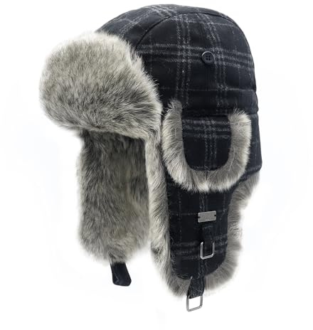 Kurhatic Unisex Fliegermütze Winter Wool Mütze Warme Pilotenmütze mit Kunstfell Ohrenschützer Wintermütze für Herren und Damen