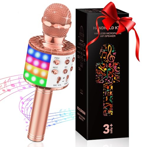 GeschenPark Microphone de karaoké pour enfants avec lumière LED, haut-parleur Bluetooth portable sans fil, appareil de karaoké KTV, cadeau de Pâques, jouet pour enfants, filles et adultes
