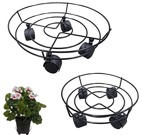 EUROXANTY Macetero de Ruedas | Macetero de Hierro Plano | Macetas de Hierro con Ruedas | Soporte para Plantas | Contenedor de Plantas de Hierro | Soporte de Flores de Hierro | 24 CM + 30 CM