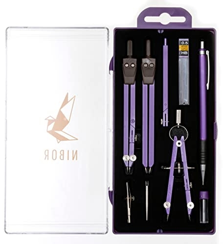 Premium Zirkelset von NIBOR in schönen Farben | Langlebiges, 9-teiliges Geometrieset | Geeignet um Präzision zu erschaffen | Violett