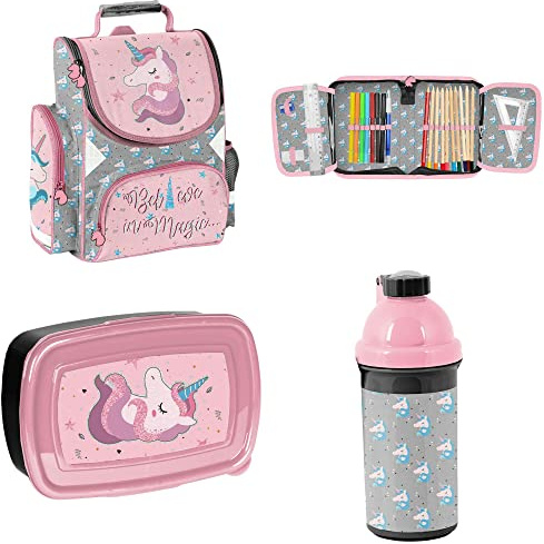 Einhorn Schulranzen SET Tornister für Grundschule 1 Klasse Schulrucksack | SEHR LEICHT | Schultasche inkl. Federmäppchen (gefüllt), Trinkflasche und Brotdose