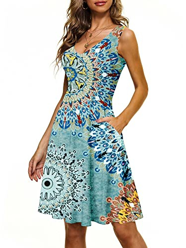 CLOUSPO Robe Femme Été Col V sans Manches Impression Maxi Robe Mode Décontractée Robe Elegante Robe De Plage Bleu/Fleurs M