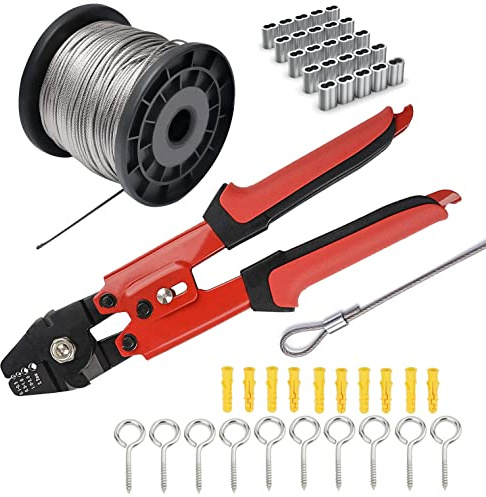 Wire Rope Crimping Tool Kit - 2mm (5/64) Stainless Steel Vinyl Coated Aircraft Cable (100ft) with 100 Aluminum Ferrules and 10 Hooks for Picture Hanging, String Lights, Outdoor Decor, Tether (Red)