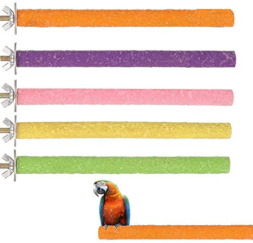 Wenrou 5 Stück Sitzstangen Vögel, Papageien, Wellensittiche, Vogelstangen, Natur, Multicolored (Purple, Pink, Orange, Yellow, Green), Holz, Quarzsand