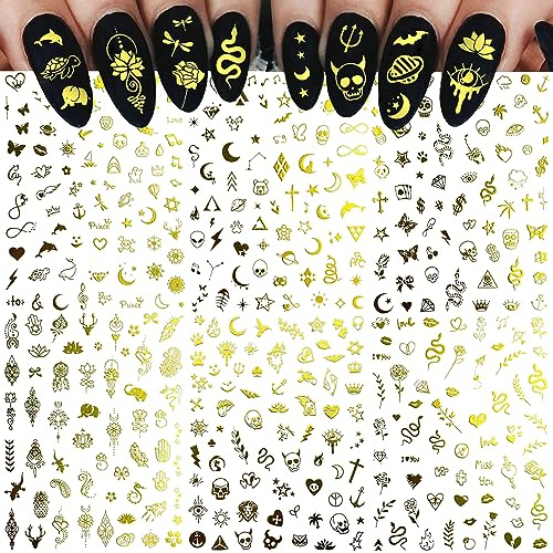 COKTAK 6 Blatt Gold Nagelsticker Selbstklebend Goldene Nagel Sticker Aufkleber, Metallic Glitzer Mond Schlange Lotus Nageldesign Nagelaufkleber, Nagelkunst Frauen Damen Diy Maniküre Nail Art Zubehör