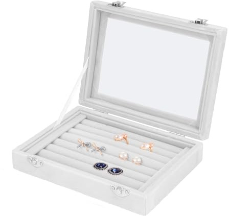 Tomotato Bandeja Organizadora de Anillos, 7 Ranuras Anillos de Terciopelo Bandeja Organizadora de Pendientes, Organizador de Exhibición de Anillo de Joyería con Tapa Transparente(Blanco)