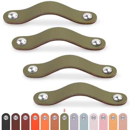 LEREATI Ledergriffe für Möbel 4 Stück Schrankgriffe mit Schrauben Möbelgriffe Vintage Schubladengriff Knöpfe Möbelgriff Kunstleder für Küchenschränke Schränke Bad (Grün, für 128mm Loch Mitte)
